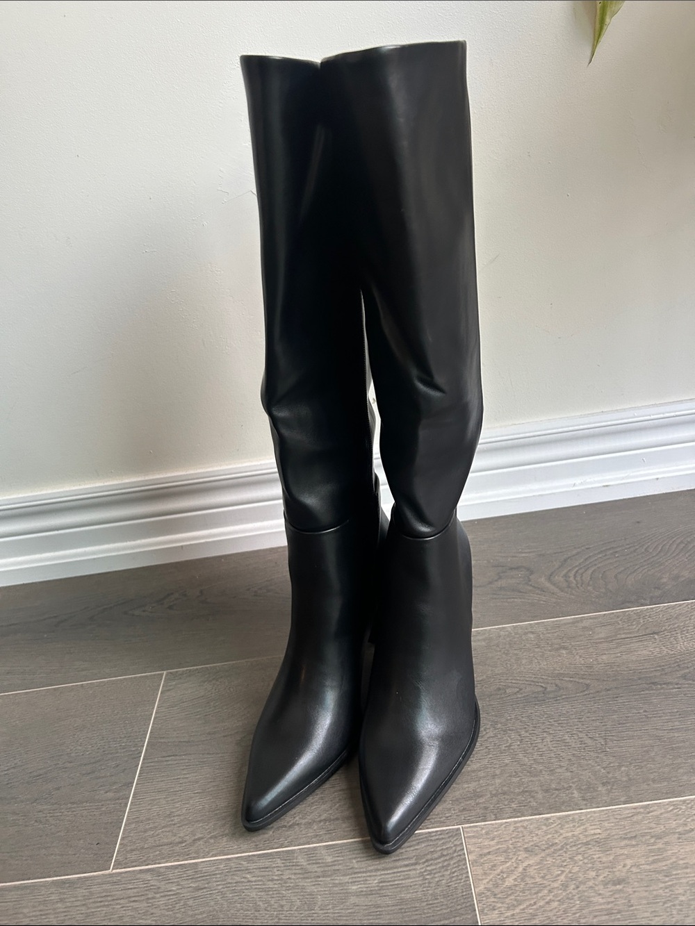 Black Faux Leather Knee High Pointed Toe Block Heel Boots Size 7 NWOT - Picture 7 of 16